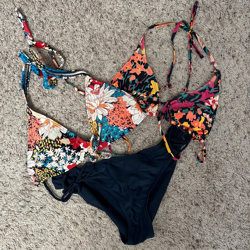 Roxy Mix n' Match Bikini Bundle -- 2 tops, 1 bottom (all size M)